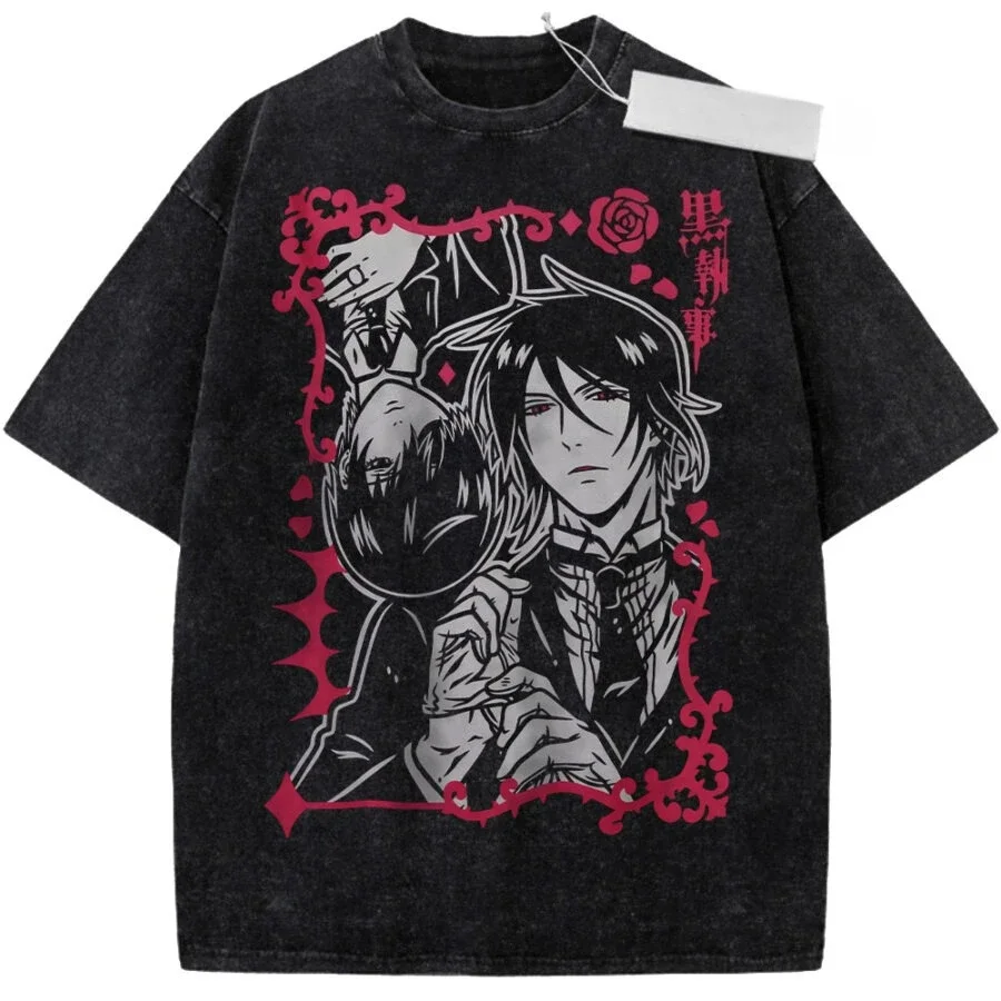 Black Butler Vintage Loose Washed Tshirt Personality Clothes Suitable for All Seasons Retro Fashion Streetwear Trendy Breathable