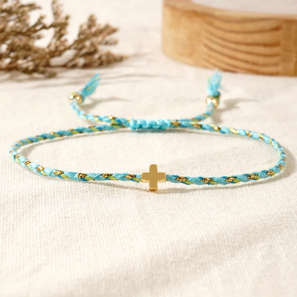 1pc Bohemian retro style four-color cotton rope copper cross layered adjustable bracelet suitable for men and women to wear