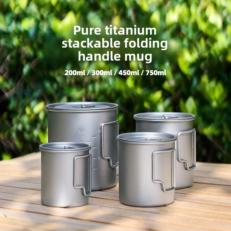 Lightweight Titanium Camping Mug Stackable Outdoor Cup with Foldable Handle for Hiking Backpacking Travel