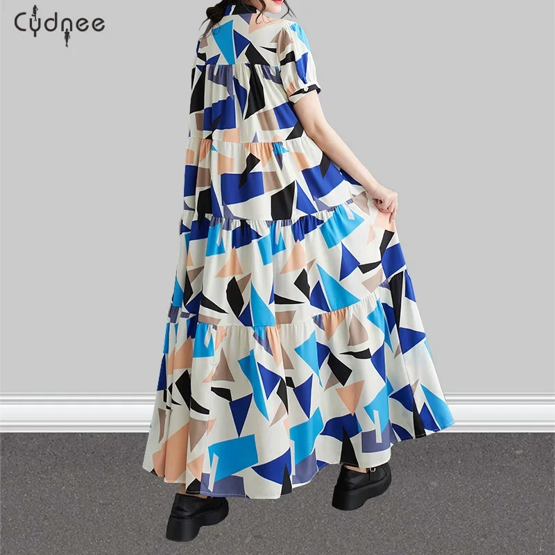 Half-Button Short-Sleeve Mosaic Art Print Stand Collar Half Sleeves Tiered Long Shirt Dress