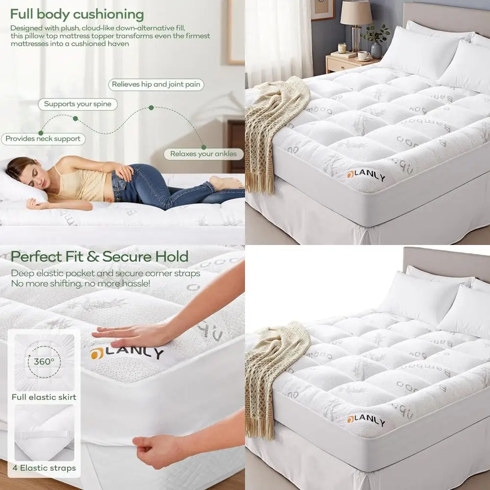 

Bamboo Viscose Cooling Pillow Top Mattress Pad for Back Pain Relief, Plush Filled, Elastic Pocket, White