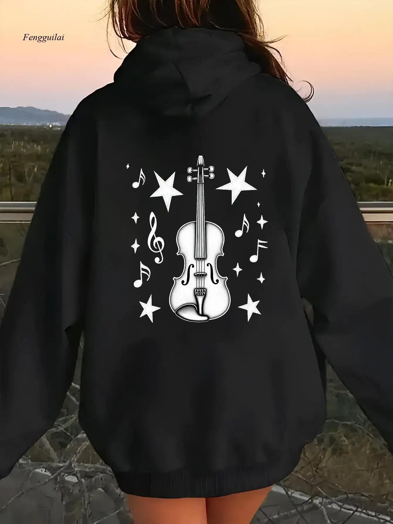 Black Hoodie with Violin, Stars & Music Notes Design - Cozy Fall/Winter Casual Sweatshirt, Machine Washable