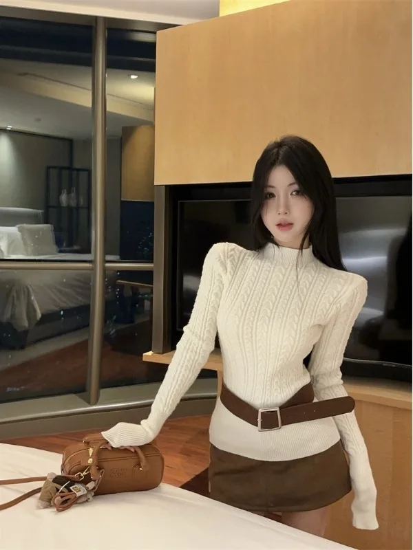 

Retro Hong Kong Style Thickened Knitted Sweater Women's Waist-Cinching Stand Collar Belted Autumn Winter Chic Unique Twist Small
