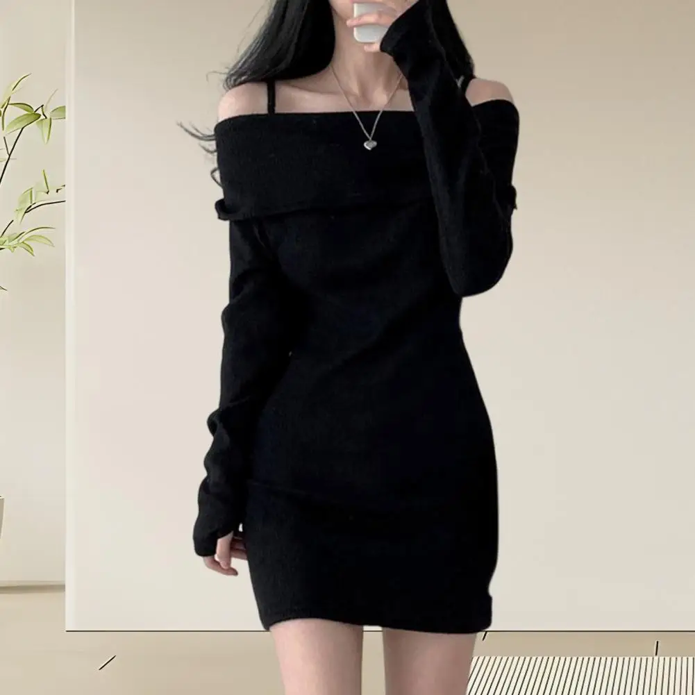 One-shoulder Knit Top Knitting Blouse Elegant Off Shoulder Knitting Tops for Women Stylish Long Sleeve Pullover Blouse Slim Fit