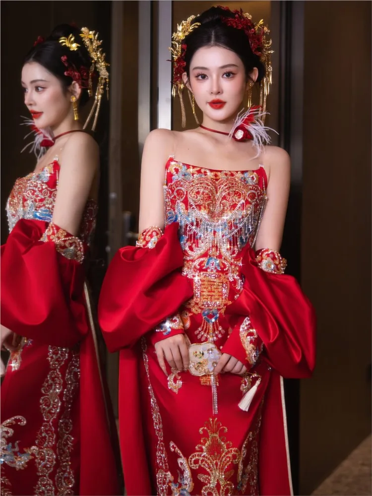New Chinese-style wedding dress bride's toasting large tail-length