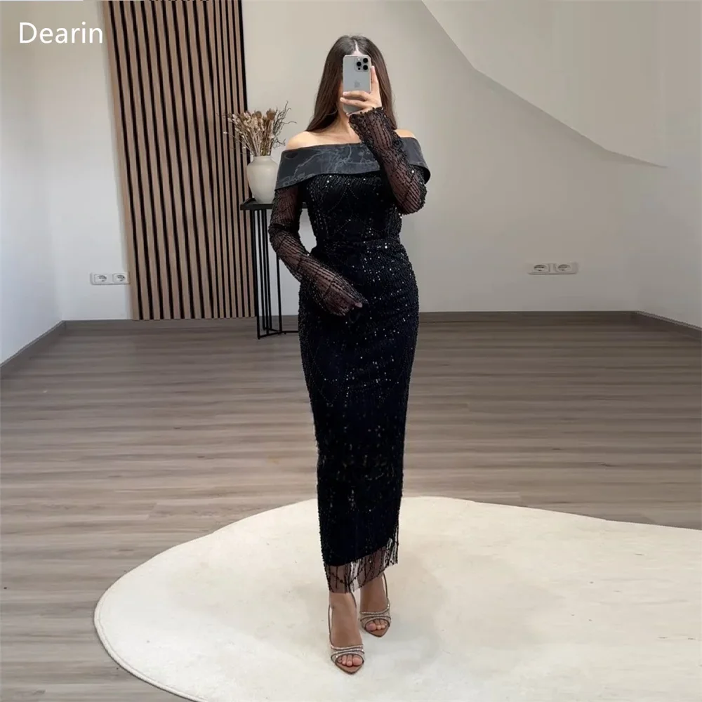 Customized Prom Gown Women Formal Evening Dress Dearin Off-the-shoulder Column Ankle Length Skirts Bead Pearl Bespoke Occasion D