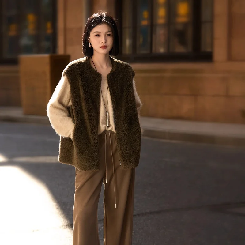 BirdTree,Fluff Rompi Retro 100% Wol Domba, Atasan Wanita dengan Kerah O dan Ritsleting, Rompi Polos Gaya Kerja, Musim Gugur Musim Dingin 2025 T5O518JF