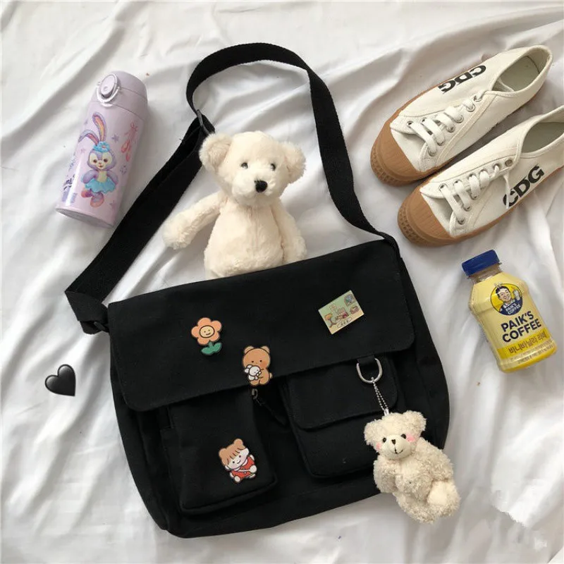 Japanische Harajuku niedlichen Retro Mädchen Umhängetasche schicke Abzeichen Leinwand Cross body Schult aschen Student einfarbige Umhängetasche Schulranzen – Detail 14