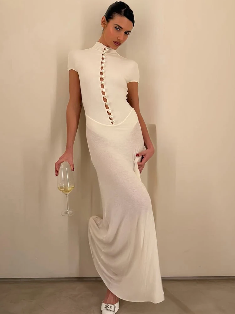 

Women Sexy Bead Hollow-out Turtleneck Dress Chic Solid Short Sleeve See Through Slim Maxi Vestidos Lady Evening Party Gowns