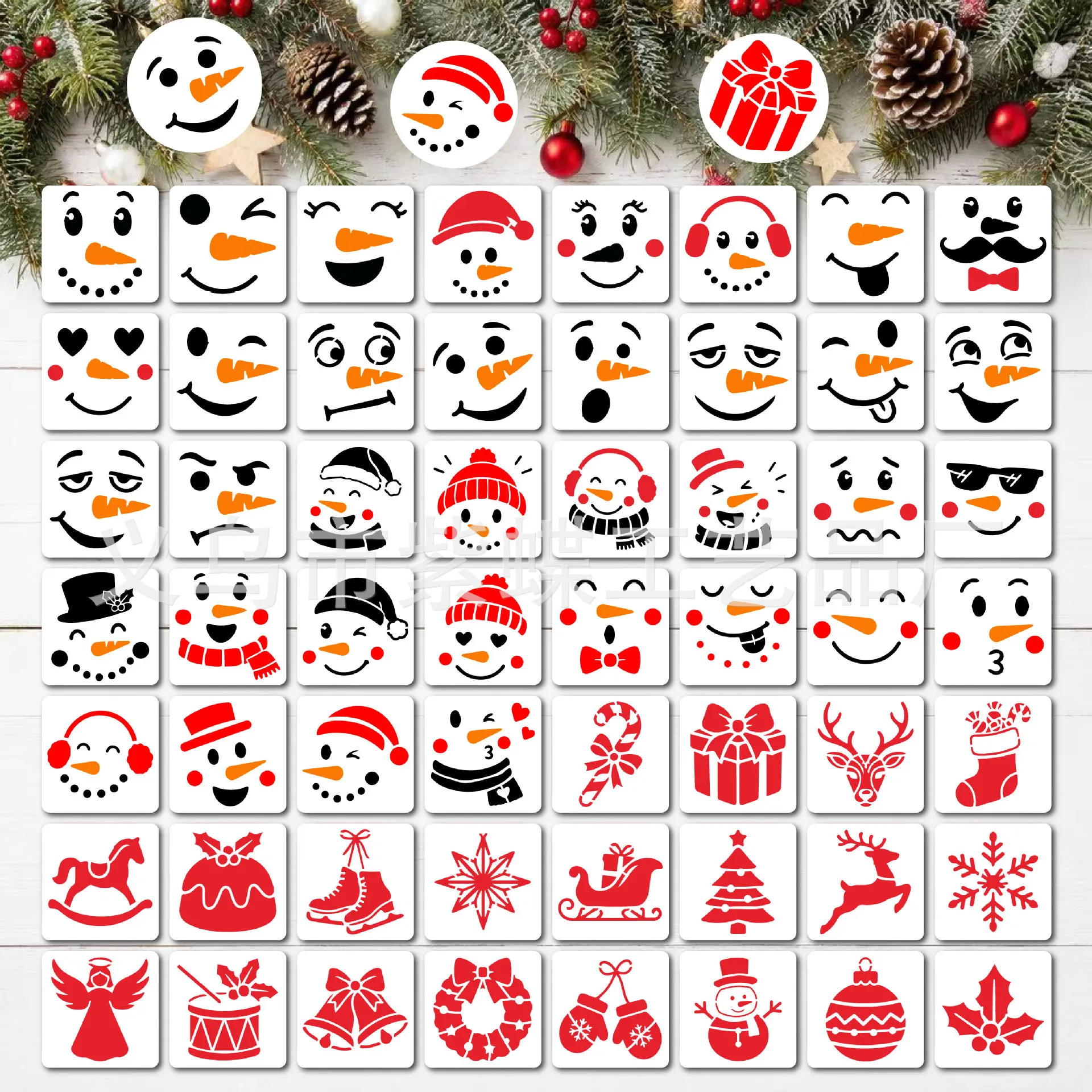 56pcs Creative Christmas Snowman Expression Painting Template Elk Christmas Tree Pattern Decoration Wall Painting Hollow Card