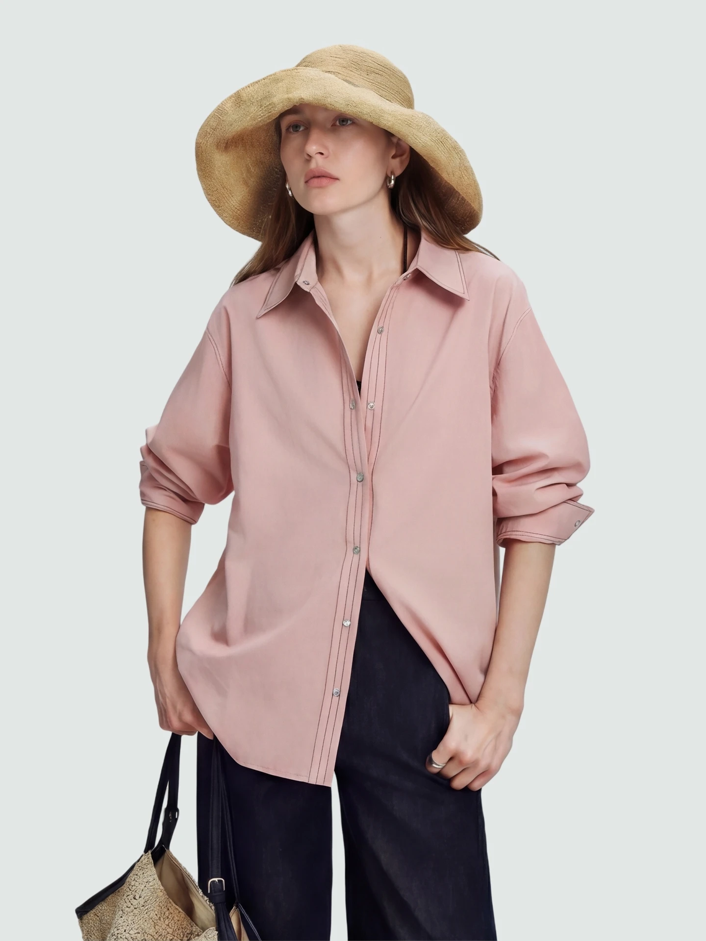 

Anti-Wrinkle Stiff Pink Women's irt Spring New Sle JS Wind Striped Bright Line Casual Loose Fit Polyester Cotton Blend