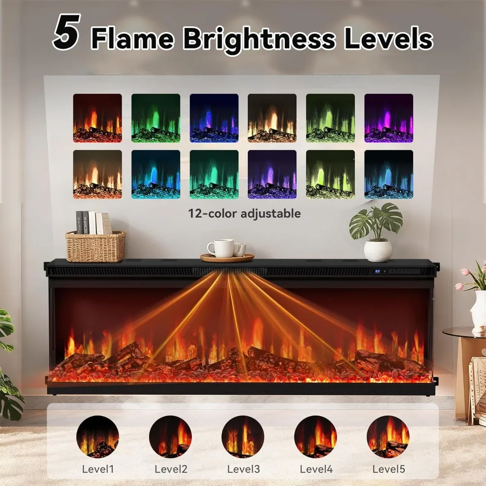 مدفأة كهربائية مثبتة على الحائط مقاس 50 بوصة، تصميم مدمج مع واي فاي/جهاز تحكم عن بعد، سخان 1500 وات، 12 لونًا لهبًا