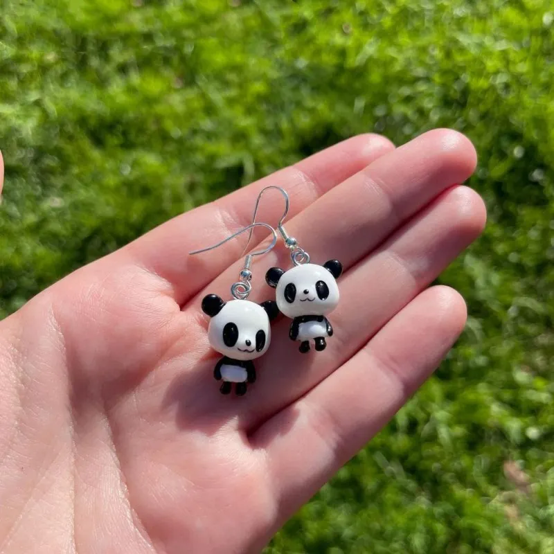 Cute Black White Panda Bear Hook Earrings Kawaii Chinese National Treasure Animal Resin Handmade Drop Earrings Nature's Jewelry