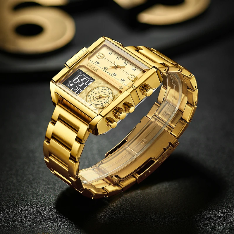 Imagem -02 - Lige-relógio de Quartzo Quadrado Masculino Aço Dourado Digital Analógico Grande Luxo Marca de Topo Moda Esporte Masculino Novo