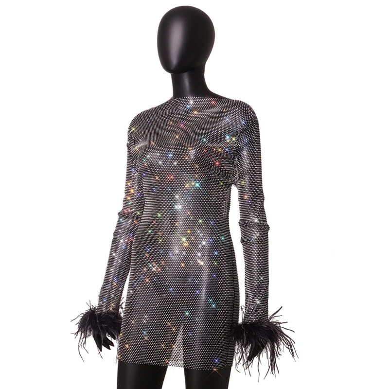 Damen Voll-Strass Netz-Bodycon-Minikleid mit Straußenfedern-Manschette, Langarm, Durchsichtig, für Nachtclub, Geburtstag, Abendveranstaltungen – Detail 5