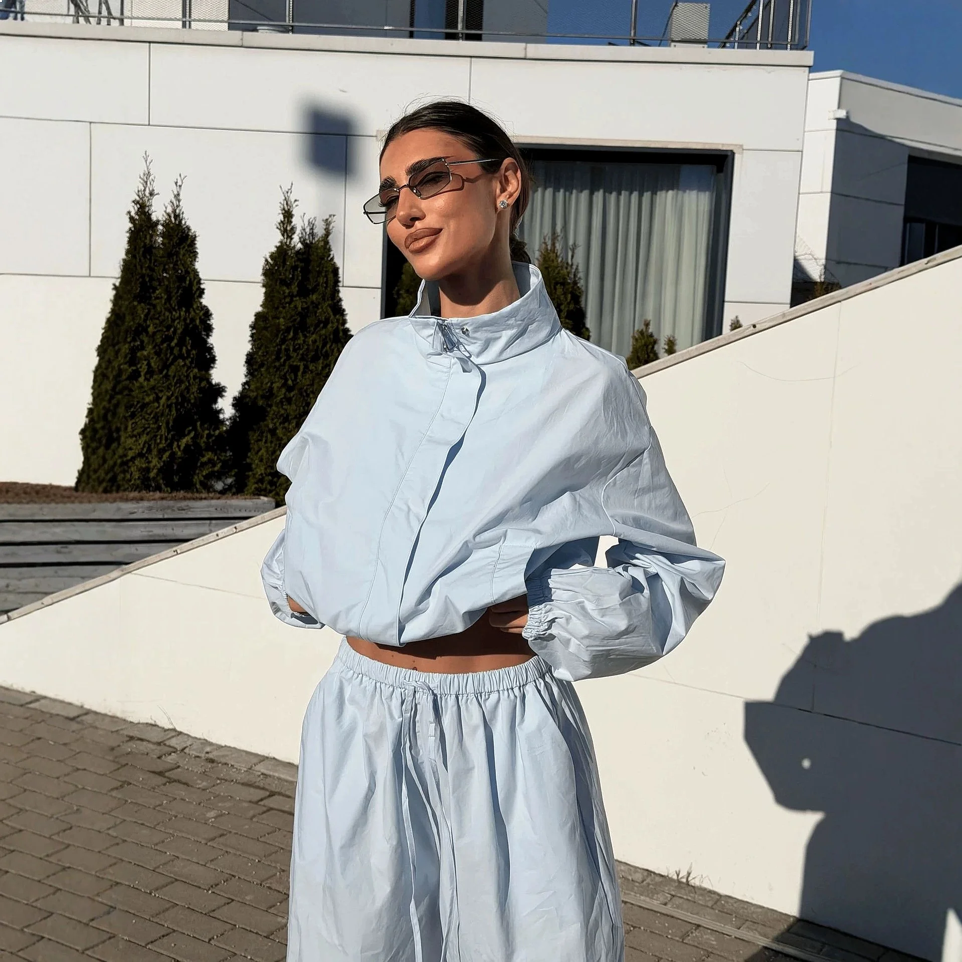 Casual Sport Matching Set Women Loose Stand Collar Short Zip Up Hoodie Jumpsuit Wide Leg Pants