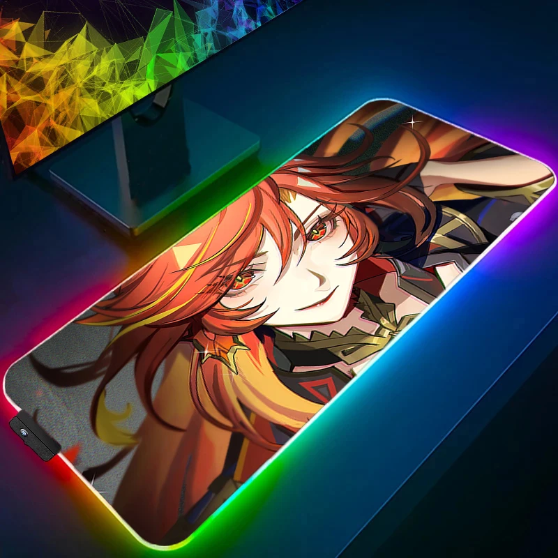 LED Mouse Pad Rubber RGB PC Computer Gaming Accessories Mousepad Genshin Impact Mavuika Desk Mouse Mat Gamer Carpet Keyboard Pad