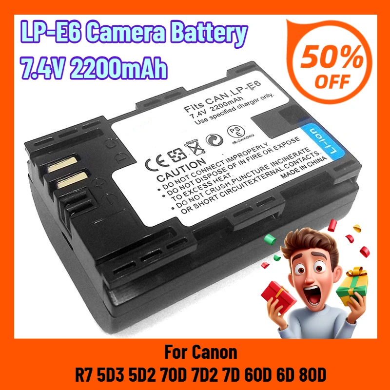 

LP-E6 Camera Battery 7.4V 2200mAh for Canon R7 5D3 5D2 70D 7D2 7D 60D 6D 80D