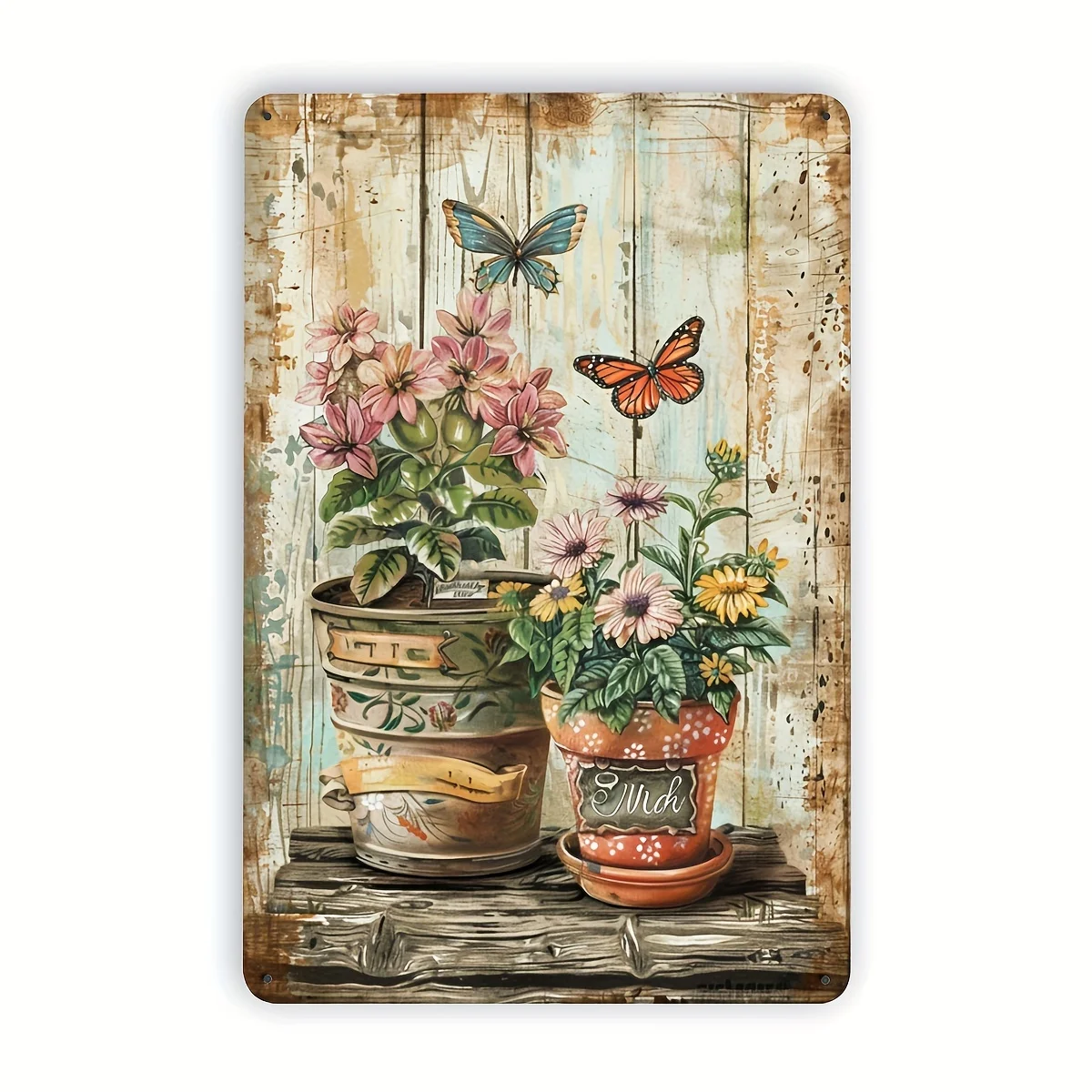 Letrero Metálico Floral Vintage - Arte Rústico para Pared con Plantas en Maceta Coloridas y Mariposas, Decoración Interior/Ex