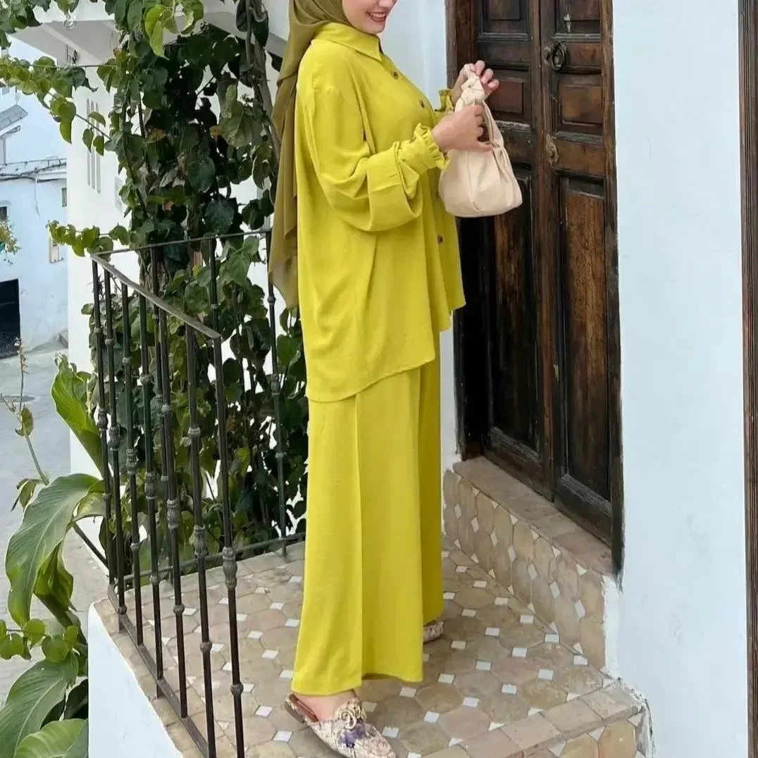 Women Eid Muslim Sets Two Pieces Solid Ensemble Kaftan Single Breasted Button Blouses Casual Wide Leg Pants Morocco Ramadan