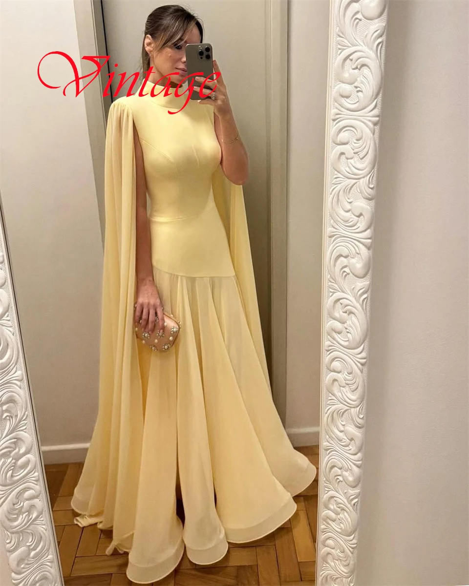 ที่กําหนดเองอารมณ์สีเหลืองชีฟองชุดราตรีประณีตคอสูงริบบิ้นแขนกุดซิปด้านหลังชุดพิเศษ