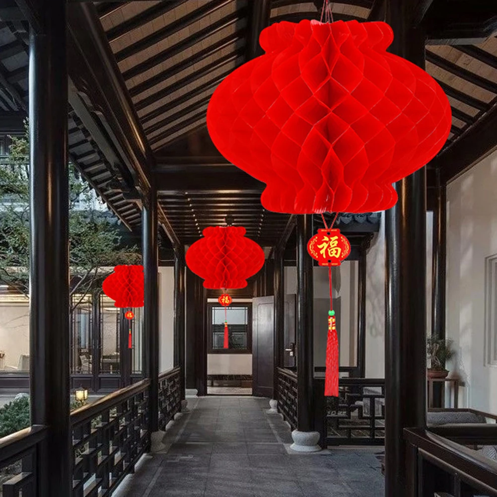 10Pcs Traditionellen Kunststoff Chinesische Rote Papier Waben Laterne Wiederverwendbare Frühling Festival Anhänger Neue Jahr Zu Hause Wand Hängen Dekor