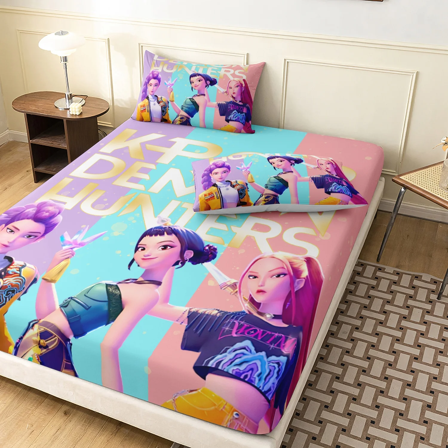 مجموعة ملاءات مكونة من 3 قطع من K-Pop Demon Hunters، ورقة واحدة مجهزة و2 كيس وسادة، نسيج ناعم مسامي، شخصيات كرتونية،