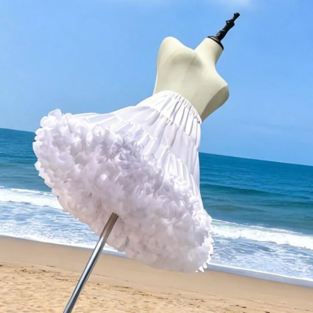 White Tiered Ruffle Petticoat 45cm Elastic Waist Sweet Lolita Cake Skirt Women Flowy A-line Mini Skirt Daily Streetwear