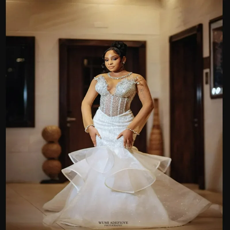 

Customized See Through Shinny Beads Sequins Mermaid Wedding Dress Illusion Long Sleeves Luxury Tiers Bridal Gowns