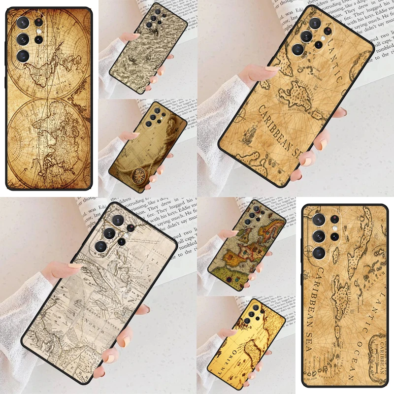 Ancient Sea Ship Map Phone Case For Samsung Galaxy S24 S23 S22 S21 Ultra S10 Note 10 Pro S20 Plus FE S9 S8 Cover