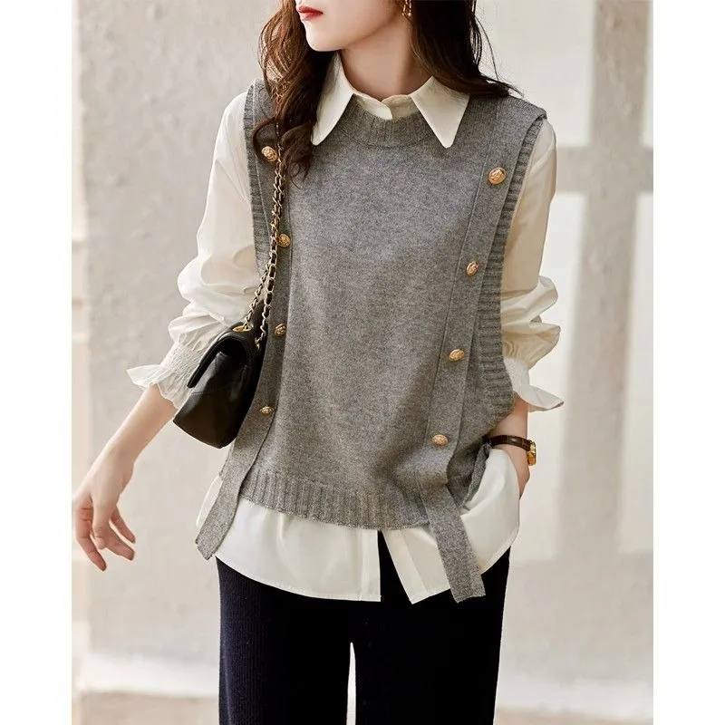 V-neck Knitted Shirt Vest Women\'s Spring/Autumn/Winter New Style Loose and Versatile Pullover Shoulder