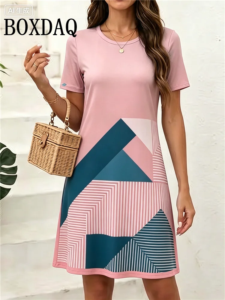 2026 Summer New Women's Dresses 3D Striped Geometry Simple Printed Short Sleeve Dress Casual Fashion Plus Size Woman's Clothing