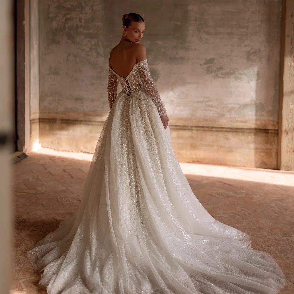 Bella personnalisé perles blanches paillettes perlées maille tissu robes de soirée hors de l'épaule robes de soirée voile robe de mariée