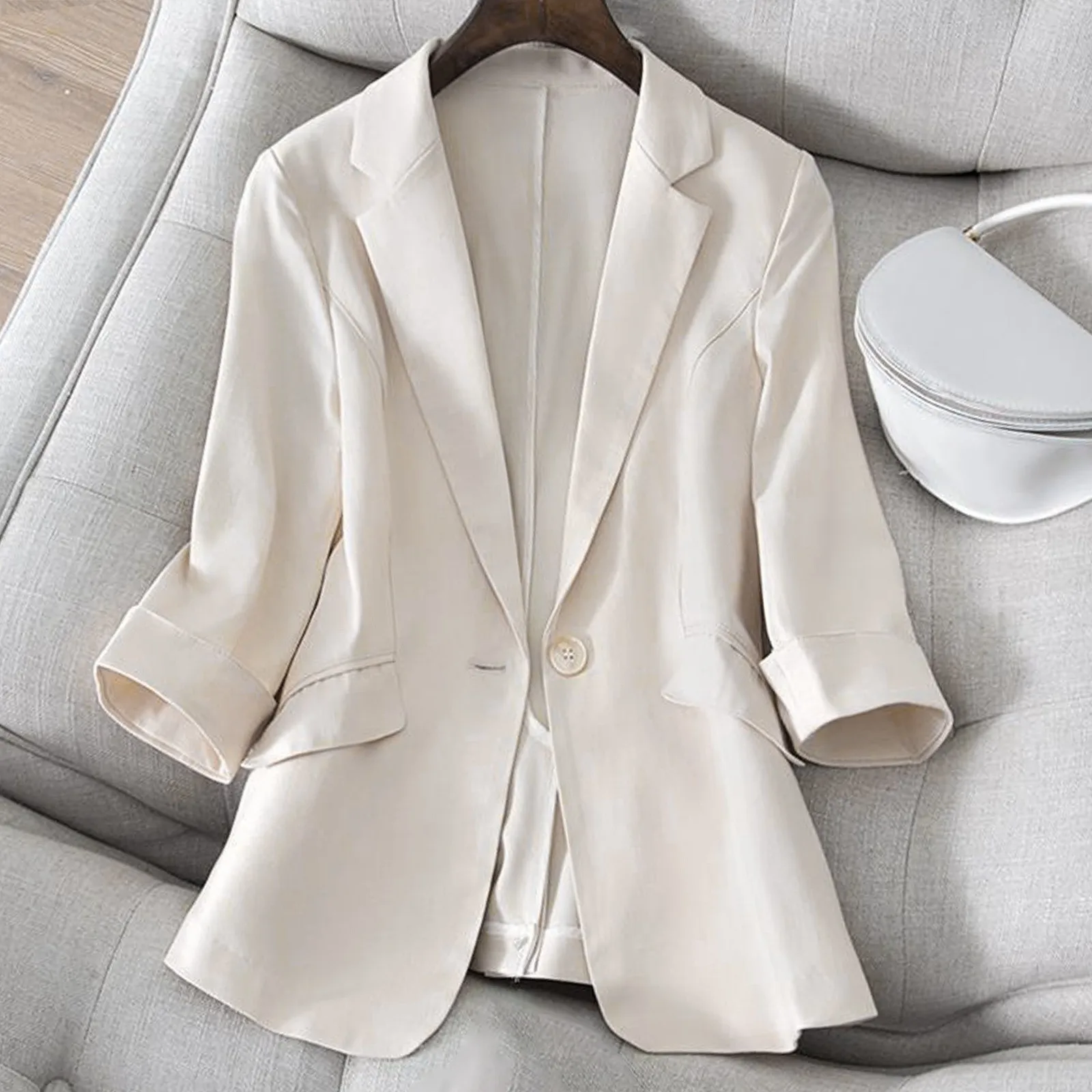 Solid Color Small Suit Jacket For Women With 3/4 Sleeves Spring And Summer Korean Style Slim New In Coats Peak Lapel Jacket