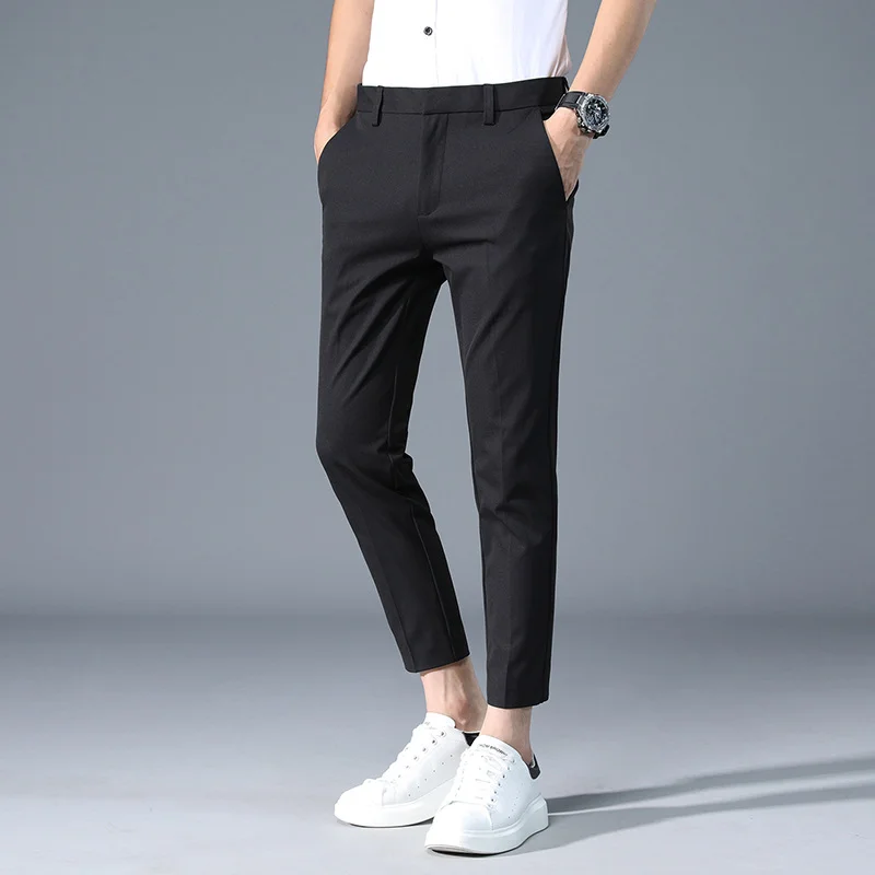 9-point Men Slim Fit Straight Crotch Casual Pants Four Seasons Loose Style Anti-wrinkle Texture Regular Small Western Pants