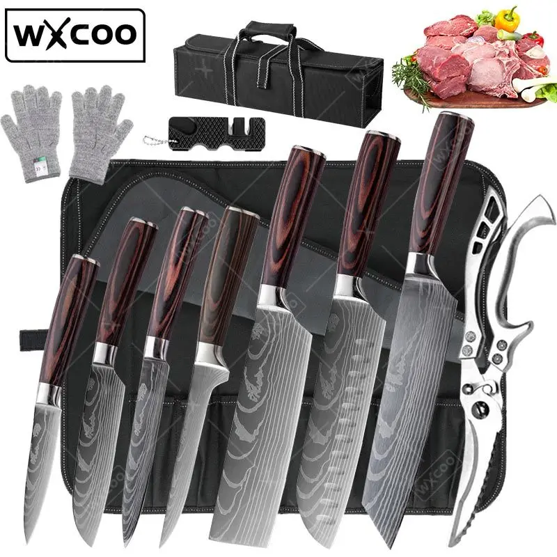 WXCOO Kitchen Knives Japanese Chef Knife Santoku Slicing Utility Meat Cleaver Butcher Carving Knife with Sheath Cooking Knife