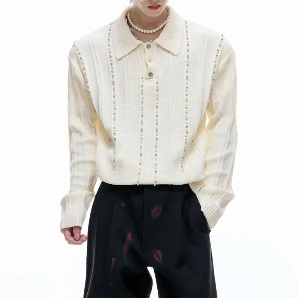 Mens Autumn Sweater Pearl Casual Cable Knit Sweater Fashion Daily Outdoor Versatile Niche Youth Campus Top Men'S Clothing 2025