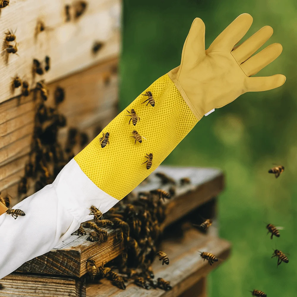 Leather Beekeeping Gloves Goatskin Breathable Mesh Protective Gloves Reusable Windproof Long Sleeves Gloves Adults Use