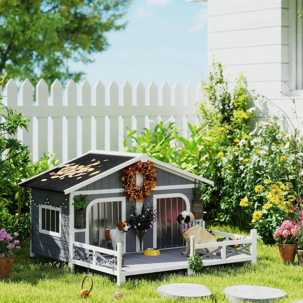 Dog House Outdoor, Wooden Dog Kennel Weatherproof with Porch, Double Room, Openable Roof, Removable Bottom, Elevated Floo