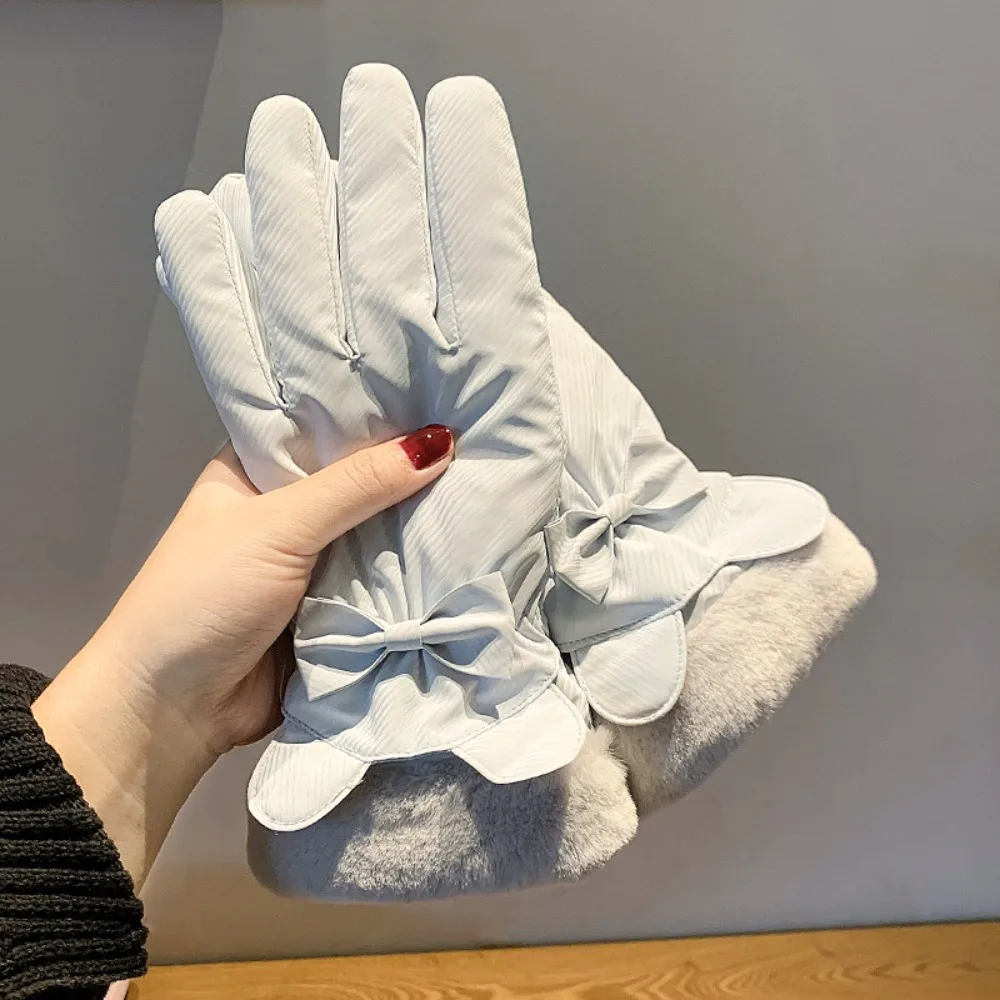 Down Cotton Bow Anti-cold Mittens Soft Touch Screen Plush Thickened Gloves Solid Color Korean Style Satin Windproof Gloves