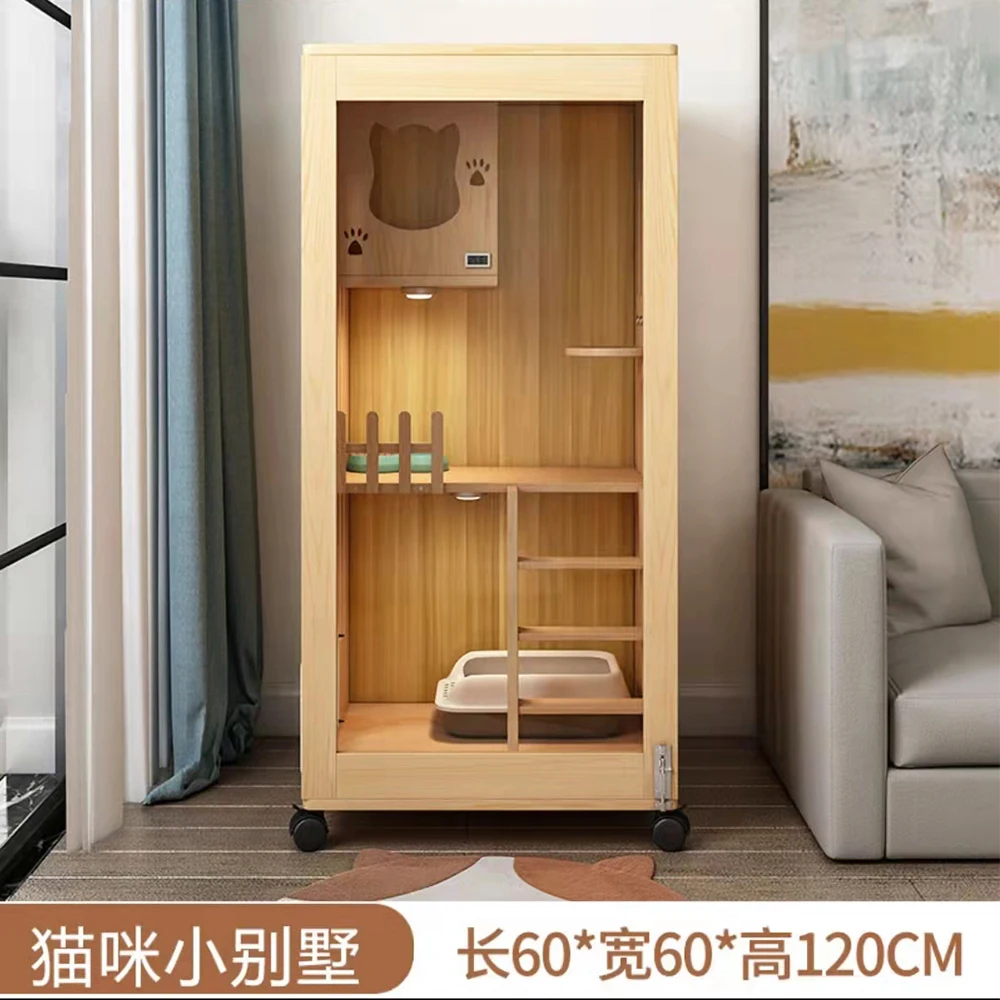 Villa para gatos de madera maciza, casa para gatos interior, cistería de lujo de dos pisos