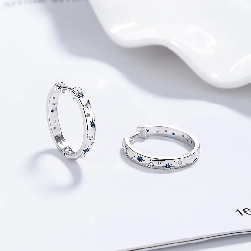 925 Sterling Silver Star Moon Hoop Earrings for Women Luxury Elegant Fashion Accessories Perfect Birthday Gift for Ladies Girls