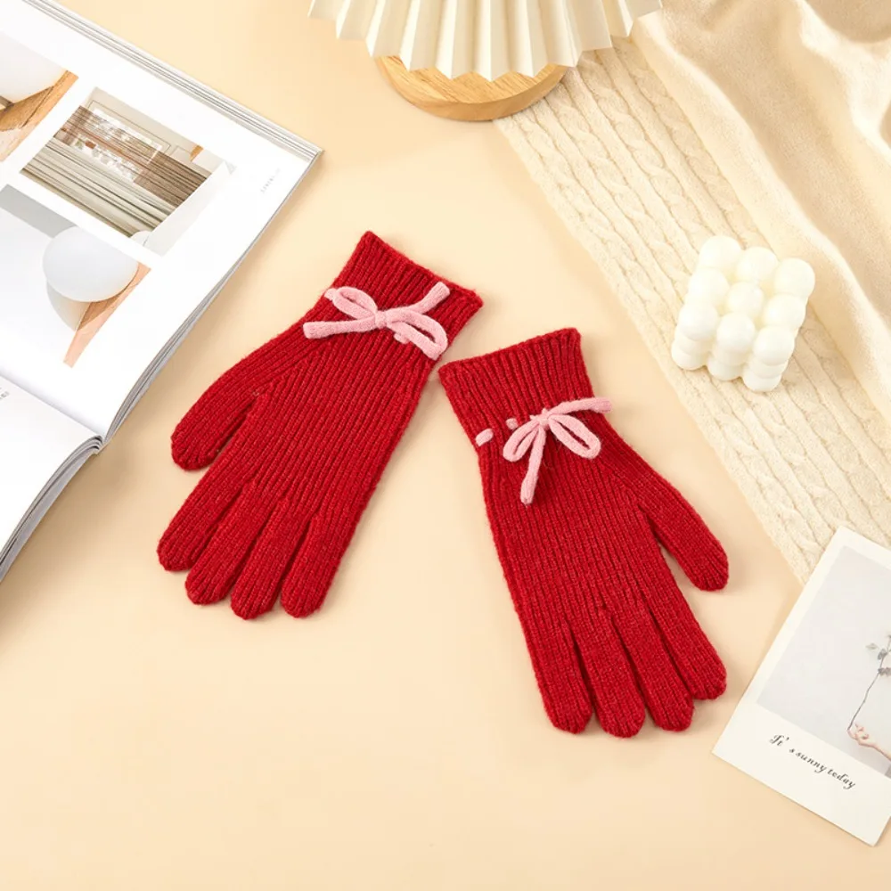 Kawaii Cute Knitted Mittens Touchscreen Warm Finger Gloves Cold-proof Funny Bowknot Gloves Outdoor