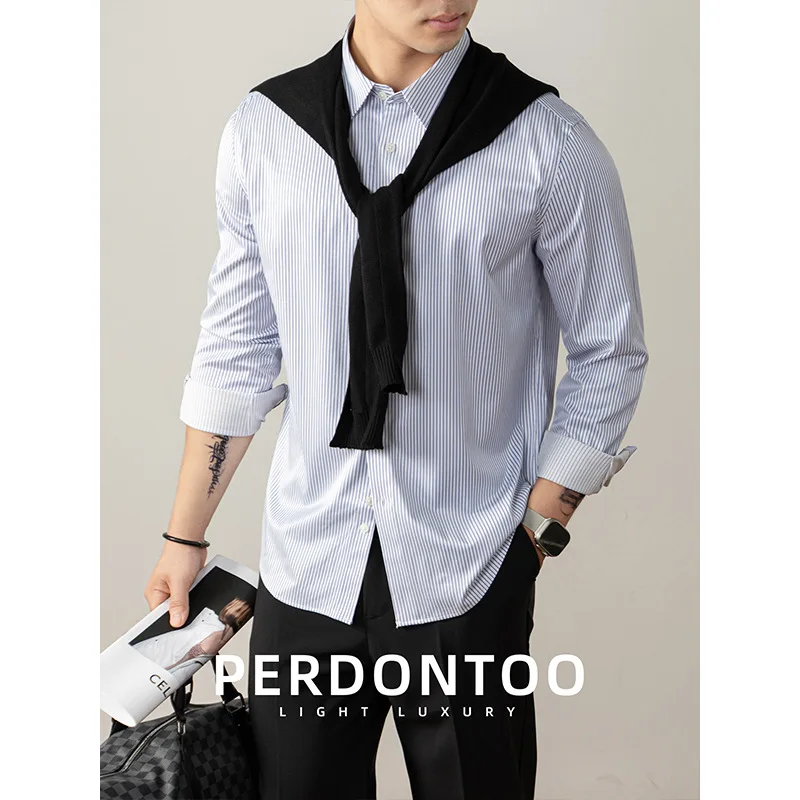 Premium Lyocell Business Shirt for Men Vertical Stripes Long Sleeve Slim Fit Wrinkle Free Spring Autumn Wear