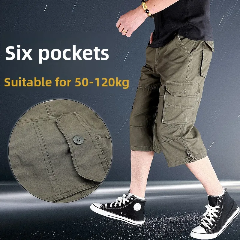Men's Summer Thin Cotton Workwear Shorts Casual Loose Fit Seven-Foot Pants Multi-Pocket Breathable Comfortable Straight Leg
