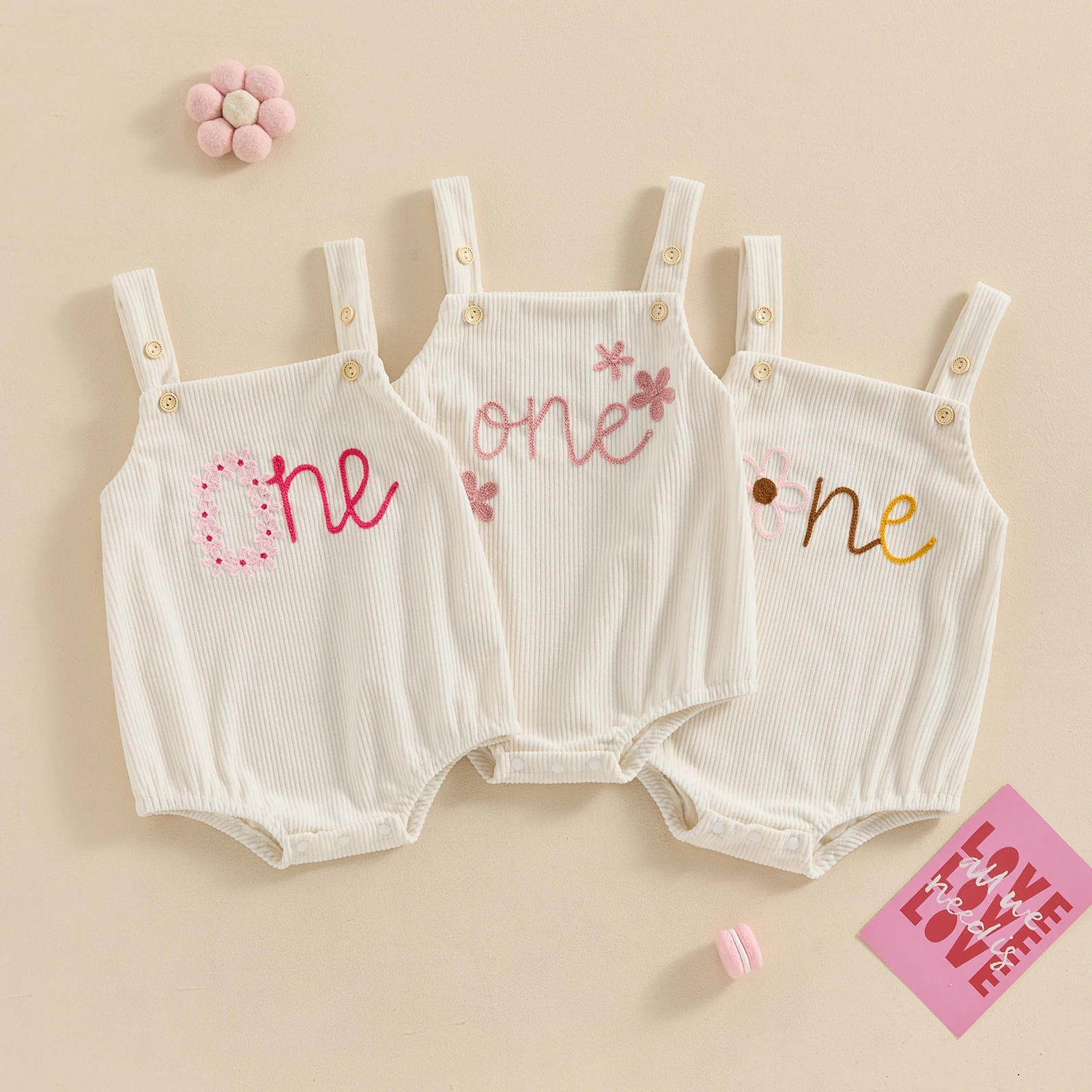 

Infant Baby Girls Summer Romper Overalls Bodysuit Letter Flower Embroidery Buttons Straps Jumpsuit Clothes