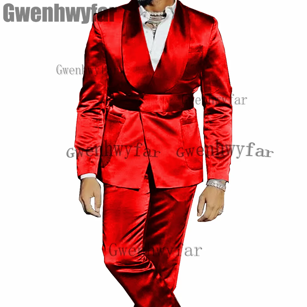 Gwenhwyfar High Quality Men's 2 Piece Suit Satin Wedding Tuxedo Party Dress Slim Fit Fashion Banquet Jacket Sets (Blazer+Pants)