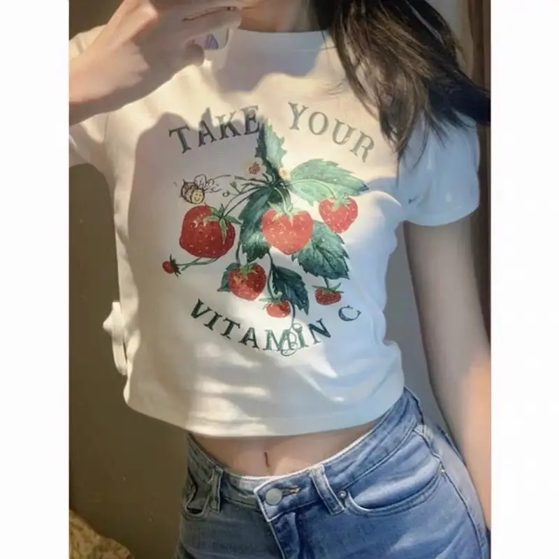 

Cotton Short Sleeved T-Shirt, Women'S New Style, Strawberry Print, Exposed Waist, Hot Girl, Tight Fitting Short Top For The Stre
