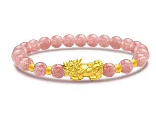 Eldorado Gold  24k pure gold pixiu charms bracelet 6mm strawberry crystal hand strings fine gold balls bracelets pink agate brac