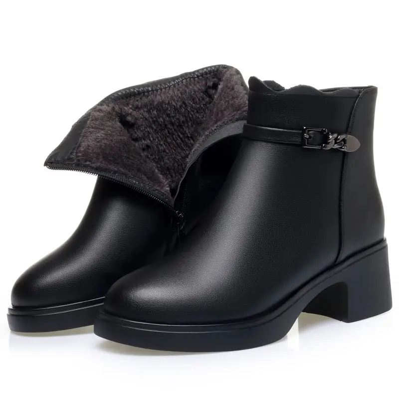 Smirnova Size 35-42 Warm Wool Winter Snow Boots Zipper Chunky Heels Zipper Ankle Boots Black Classic Split Leather Short Booties